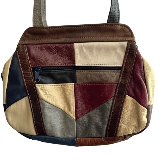 VINTAGE PATCHWORK COLORBLOCK LEATHER SHOULDER HOBO STRAP PURSE - Picture 1 of 14